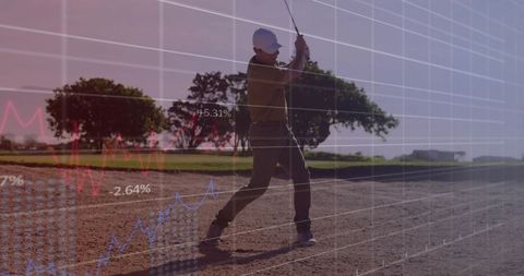Golfer swinging with financial data overlay and analytics grid linking sports performance to finance