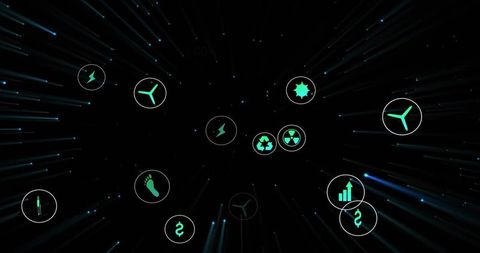 Neon energy network radiating icons visualizing renewable power, finance, environment