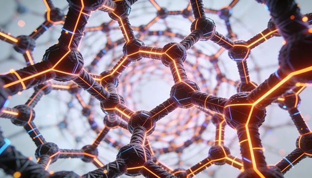 Glowing hexagonal nanotube tunnel revealing futuristic lattice energy nodes and seams