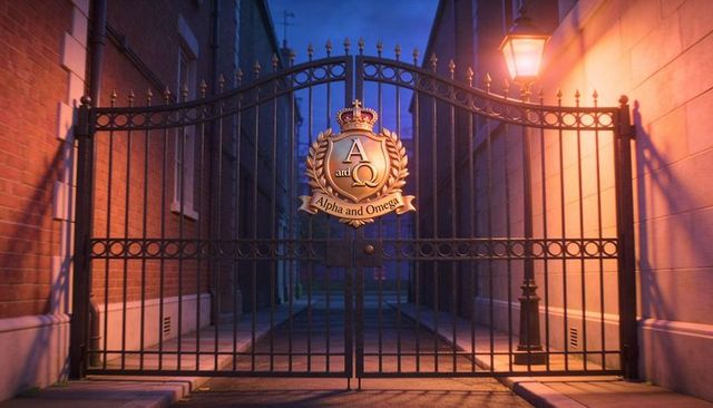 Ornate iron gate standing in narrow alley at dusk showing golden crest and lantern glow