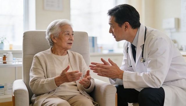 Doctor consulting elderly asian woman in clinic chair discussing treatment plan