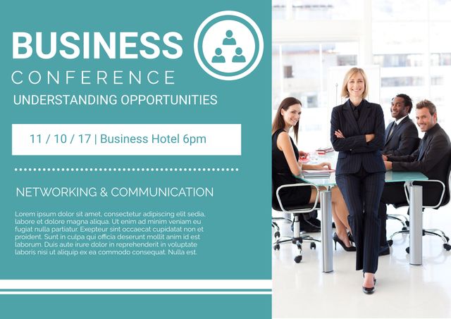 Image of confident woman leading a business conference in professional setting. Ideal for marketing materials, corporate events, leadership workshops, and networking event promotions.