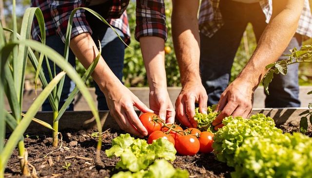 Couple harvesting ripe vine tomatoes and lettuce in sunlit raised garden bed