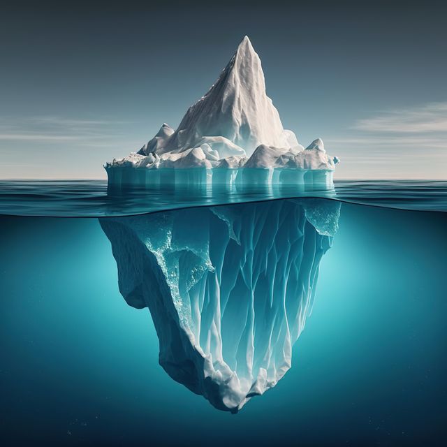 Majestic iceberg is floating in a tranquil ocean with its underwater portion visible, creating a mesmerizing natural scene. The clear blue water reveals the full massive structure of the iceberg, emphasizing the vastness of what lies beneath the surface. Perfect for illustrating topics related to nature, climate change, environmental impact, global warming, polar regions, and water-related themes.