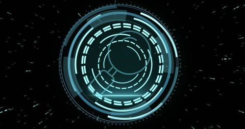 Cyan holographic hud with magnifying lens motif and concentric rings futuristic interface