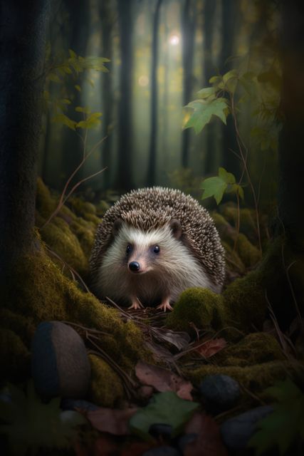 This image of a hedgehog exploring the mossy forest ground can be used in articles and educational materials that focus on wildlife and nature. Its serene scene is ideal for blogs and websites about nature photography, outdoor activities, and animal behavior. It also works well as decorative art for nature-inspired themes.