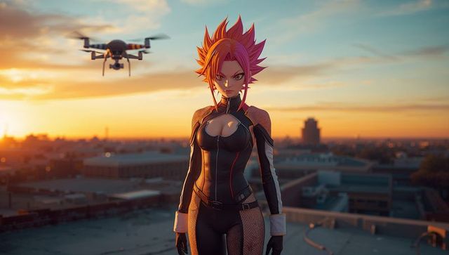 Anime woman agent standing on rooftop at sunset with hovering drone and tactical gear