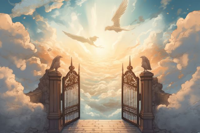 Illustration featuring heavenly gates opening into a cloudy sky with warm sunlight and angels soaring. Perfect for spiritual, religious, and fantasy artwork, inspirational posters, and book covers.