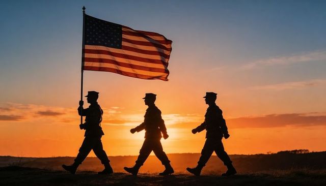 Three Soldiers Marching with American Flag at Sunset Silhouette for Patriotic Themes