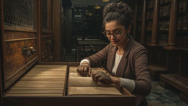 Archivist inspecting archival folders in historic library cabinet with vintage woodwork