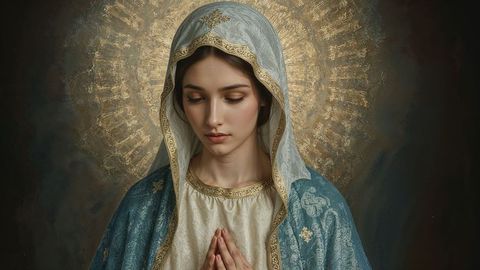 Contemplative spiritual woman the virgin mary in blue mantle and golden halo