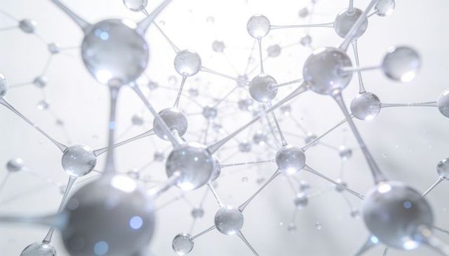 Glassy molecular network visualization with translucent spheres and futuristic lattice