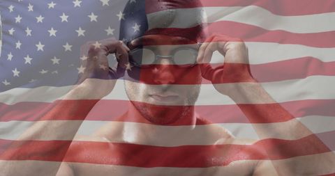 Biracial Swimmer with USA Flag Overlay Symbolizing Sports Pride