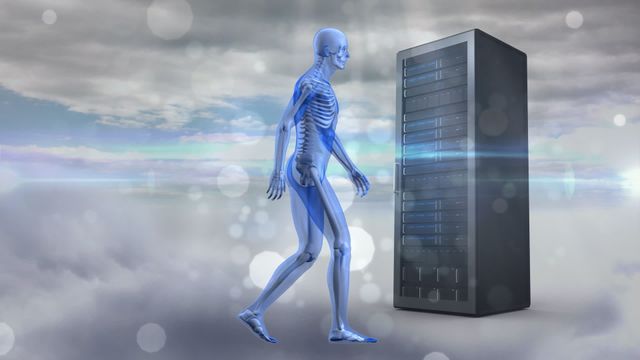 Visualization depicting digital transformation where a human skeleton integrates with server technology, suggesting advancement in digital interfaces. Suitable for illustrating technological progress in medicine and computing, or exploring themes in AI and data security.