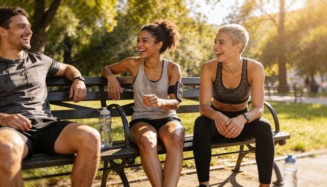 Friends laughing on park bench after run during golden hour urban outdoor fitness break