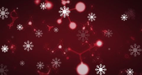 Snowflakes Overlaying Glowing Molecules on Red Background