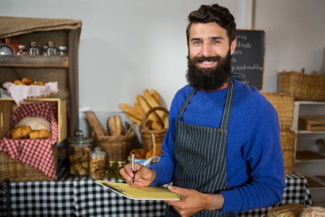 Male bakery staff member smiling while writing on clipboard at counter. Ideal for use in articles or advertisements related to small businesses, bakeries, customer service, and retail environments. Can also be used for promoting bakery products or showcasing professional staff in food industry settings.