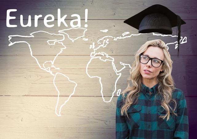 Thoughtful student having a eureka moment with a world map and mortar board above head. Ideal for educational content, graduation announcements, motivational materials, and academic success themes.
