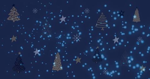 Glowing Christmas Trees and Snowflakes on Dark Winter Night