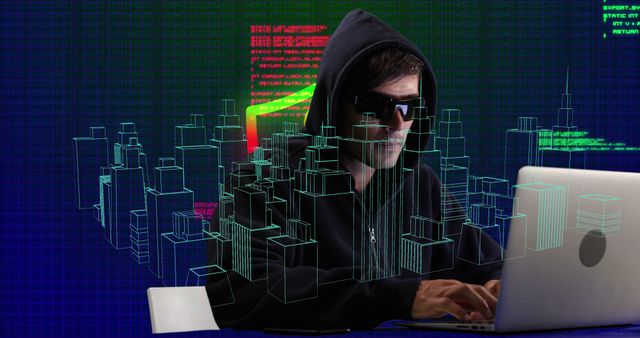 Composition of data processing over caucasian male hacker using laptop. Global online security, computing and data processing concept digitally generated image.