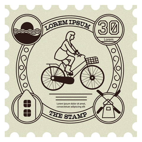 Woman riding bicycle vintage stamp transparent background