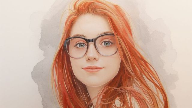 Elegant Redhead Woman Wearing Glasses Against Watercolor Background