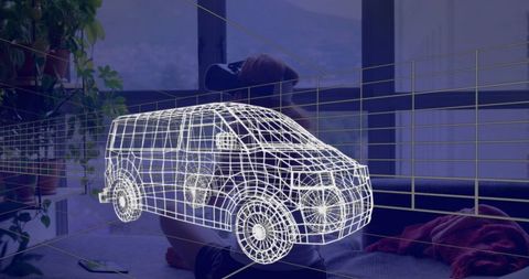 Woman experiencing van design in virtual reality at home