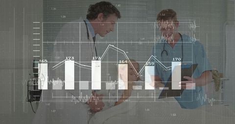 Healthcare Professionals Analyzing Patient Data with Technology Overlay
