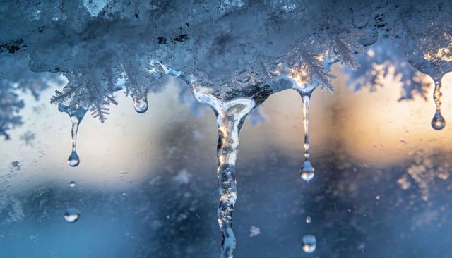 Dripping crystal icicle on frosted window showing suspended water droplets and frost