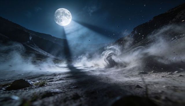 Moonlit mountain valley with swirling dust vortex and dramatic moonbeam