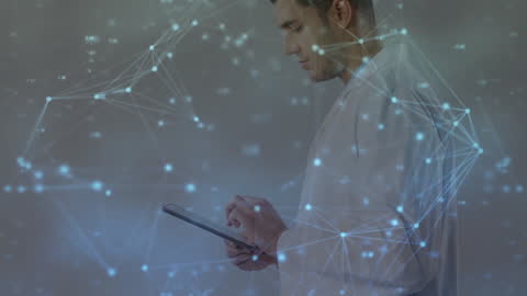 Doctor Using Tablet Amidst Digital Network Graphic Overlay