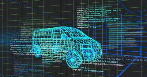 Rotating cyan wireframe van model in virtual 3d cad workspace with code overlays and grid