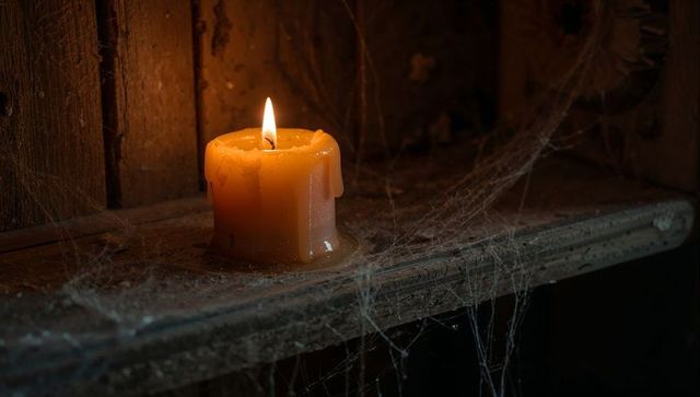 Glowing candle amidst dust and cobwebs on rustic ledge