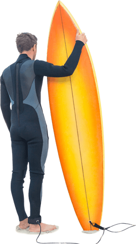 Caucasian Male Surfer with Vibrant Surfboard on Transparent Background