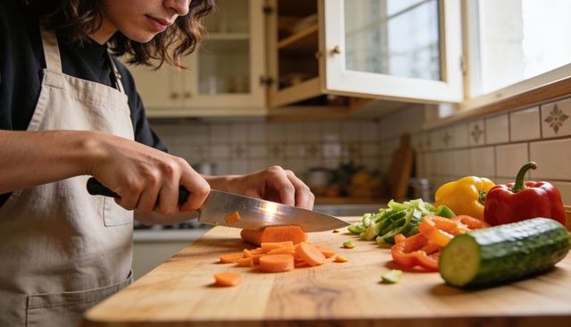 Home cook chopping carrots on wooden cutting board with colorful peppers in sunlit kitchen
