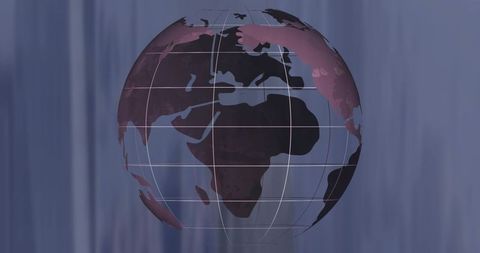Floating stylized globe with maroon continents and translucent grid on blue gray background