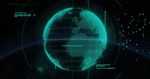 Holographic Globe with Digital Code Symbols in Futuristic Grid Environment