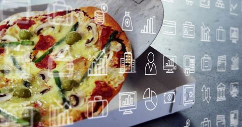 Data-driven pizza delivery concept featuring takeout pizza in box with analytics overlay