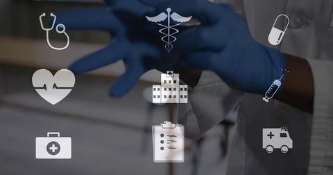 Doctor interacting with digital medical icons in clinic