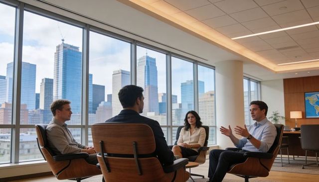 Executives discussing strategy in modern corner office with city skyline and lounge seating