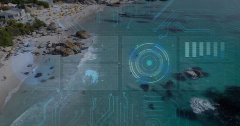 Futuristic hud interface overlay on scenic aerial beach view