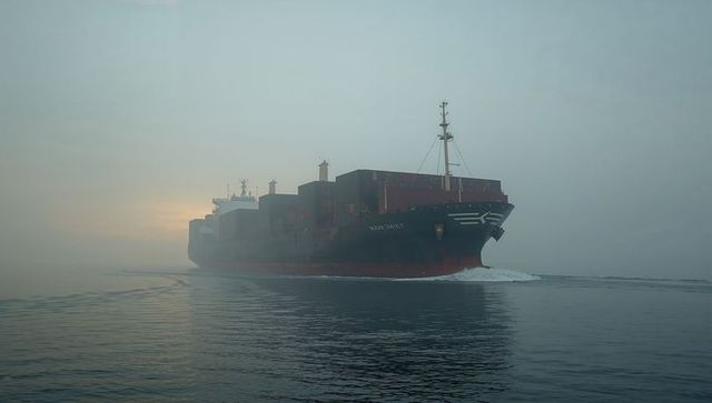 Container ship freighter cutting through misty dawn ocean with stacked containers and wake