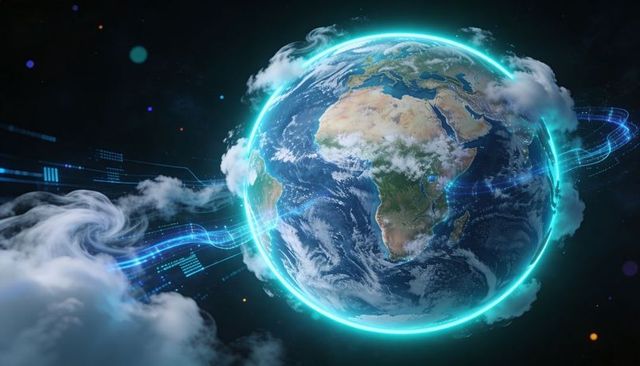 Rotating Earth Showing Africa Europe Middle East with Neon Cyan Halo and Data Streams