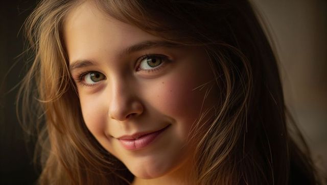 Window-lit closeup portrait smiling preteen girl with hazel eyes, freckles, long brown hair