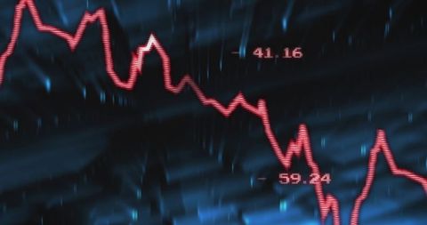 Glowing red jagged stock chart trending down on dark blue dashboard showing volatility