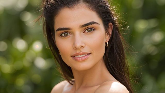 Sunlit close-up portrait young woman wearing gold hoop earrings with soft bokeh