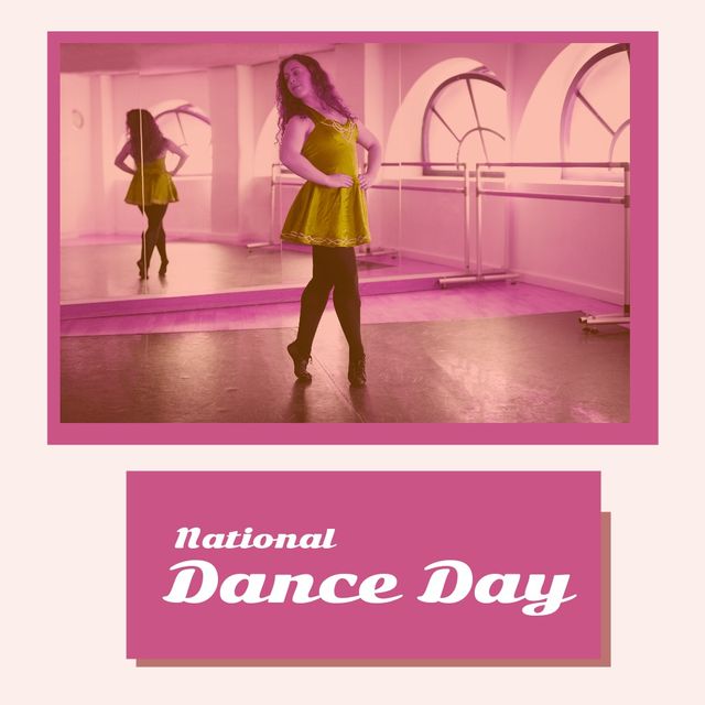 Composite of caucasian young ballerina practicing ballet dance in studio and national dance day text. Copy space, pink, dance, art, unesco, awareness and celebration concept.