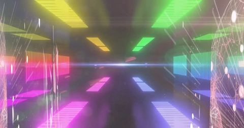 Glowing Neon Corridor Toward Vanishing Point in Futuristic Virtual Tunnel with Prism Lights