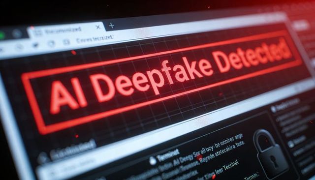 Red alert banner warning ai deepfake detected on browser display neon glow with padlock icon