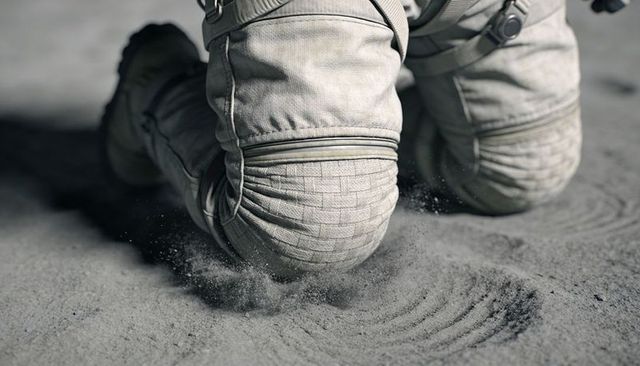 Astronaut kneeling on lunar regolith pressing knee into dust with reinforced suit pads